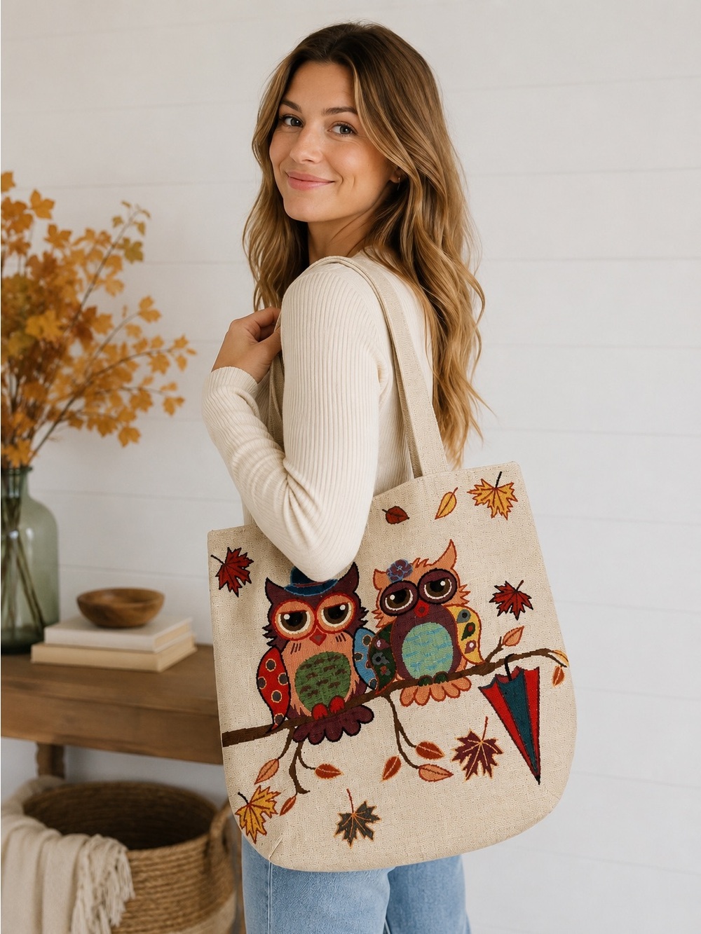 Autumn Owl Canvas Tote Bag | Large Reusable Shoulder Bag | Fall Print
